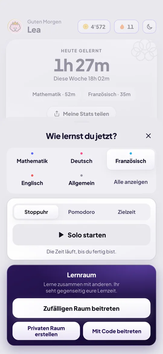 Play-Menü: Solo oder Lernraum