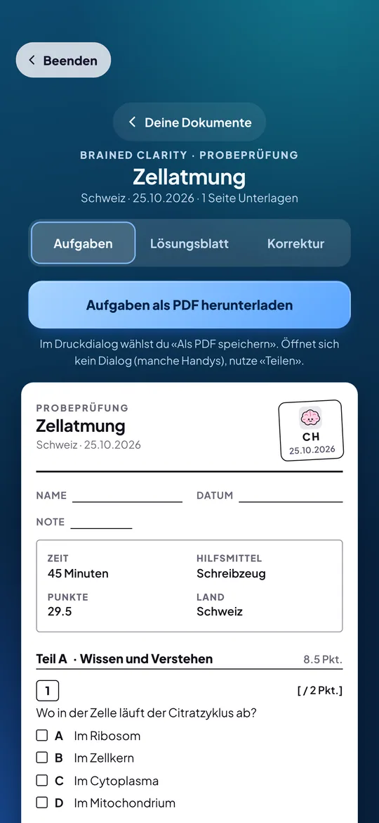 Brained Clarity: Probeprüfung als Dokument mit Brain-Stempel